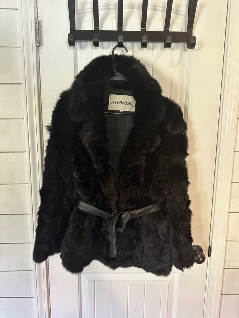 Vintage Mademoiselle Rabbit Fur Coat Belted Luxe black Soft Plush Glam M